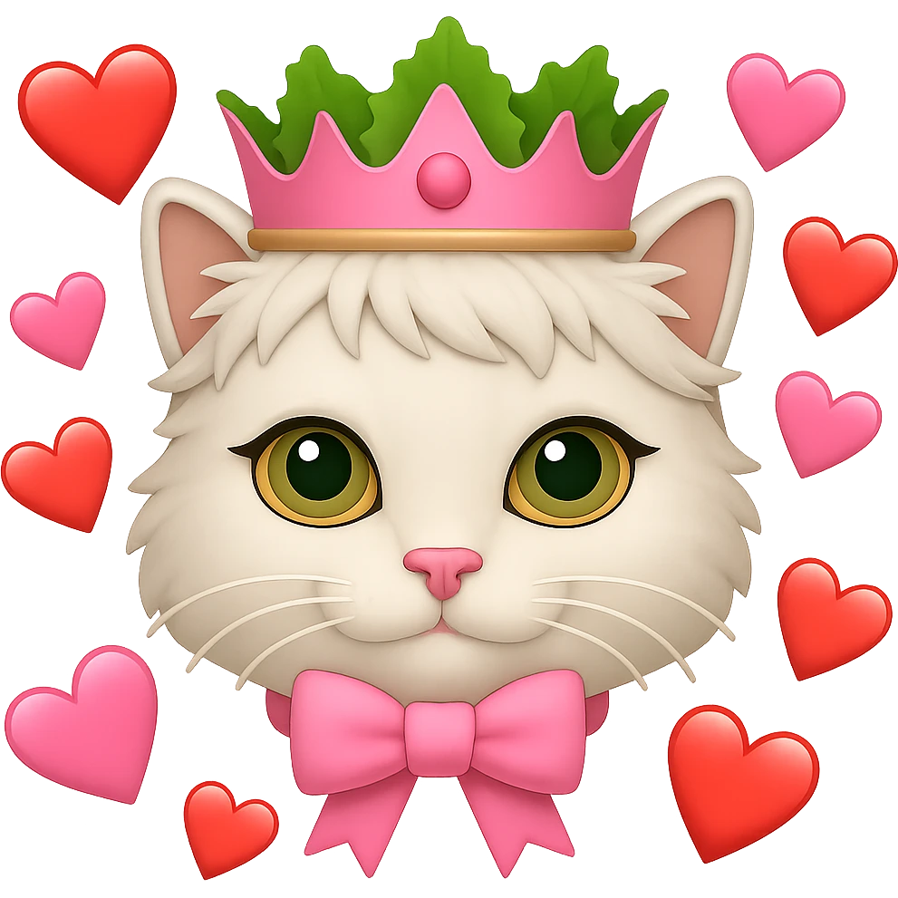 Make the hearts larger around the white cat with a pink bow and a green lettuce crown in the style of emoji. Remove the background. emoji