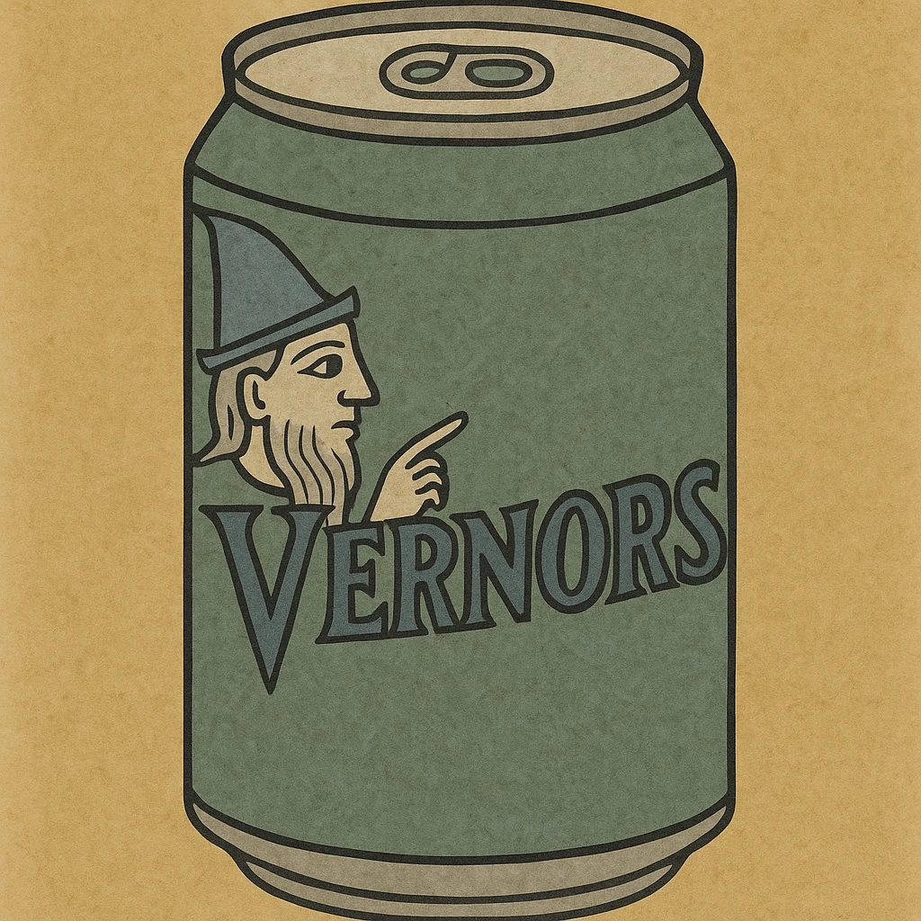 a soda can with 'Vernors' label, green and gold, vintage style, bold logo emoji
