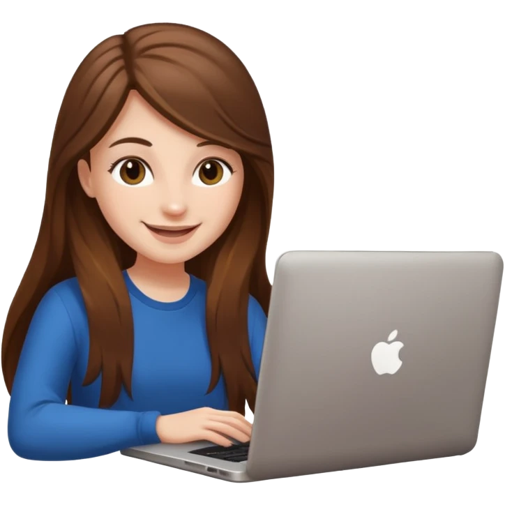 white girl with long brown hair using a laptop, smiling emoji