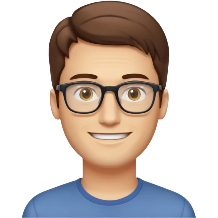 a young man around 30 years old, with brown hair, longer rectangular face, light yellow skin color, small eyes with rectangle shape glasses, without beard, no forehead wrinkles emoji