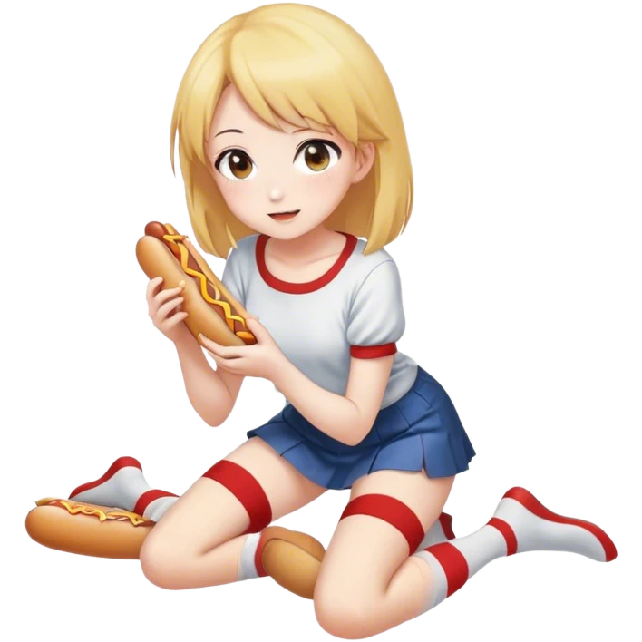 anime girl in thigh-high stockings, kneeling on the floor while eating a hot dog. Playful and charming expression, casual outfit, soft shading, warm and inviting atmosphere. emoji