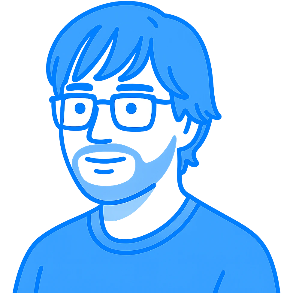 A thoughtful man with rectangular glasses, fashionably tousled longer hair with trendy bangs that frame the face nicely, a naturally round face, and a slightly wider nose. Use bright azure blue for all main features and line work, minimal pink highlights only on the cheeks, and light gray tones only for the neat short beard and subtle shadows. emoji