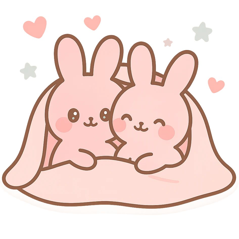 pink bunnies snuggling in blanket emoji