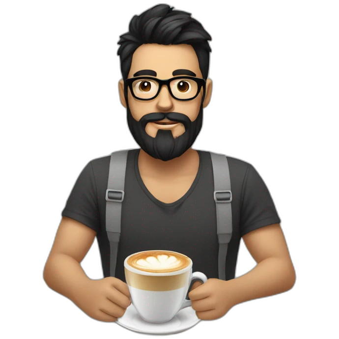 Hipster with black hair, beard and glasses drinking cappuccino   emoji