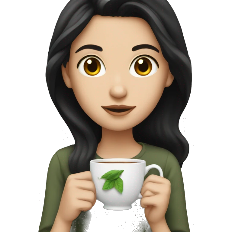 White girl with black hair holding tea emoji