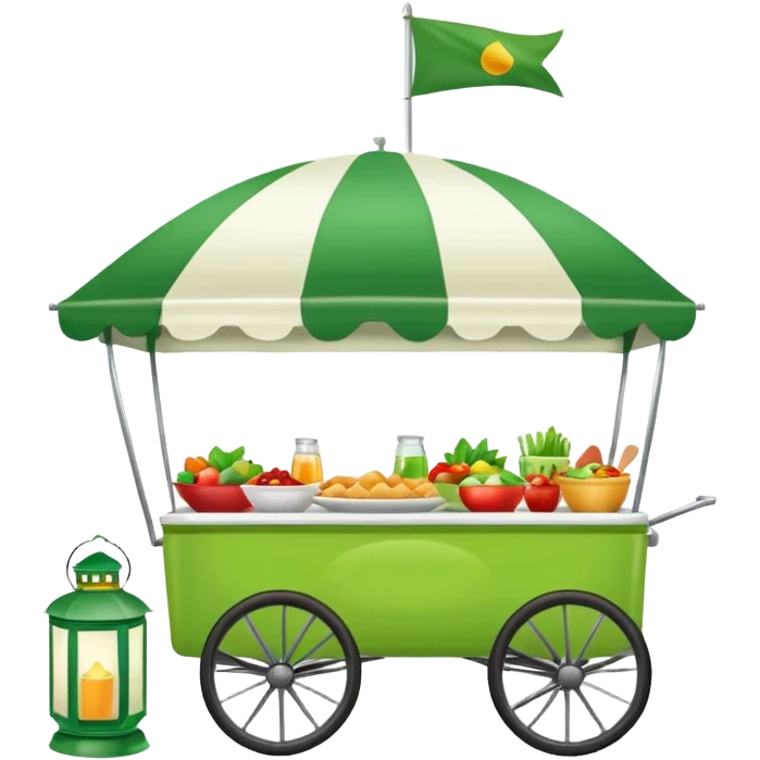 tidy charming food wagon with green and white canopy, food flag, lantern, kitchenware emoji
