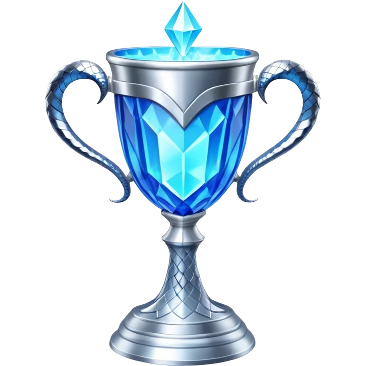 movie-accurate Triwizard Cup trophy from Harry Potter, identical to film prop, wide silver goblet with angular geometric facets, two large curved silver snake handles on opposite sides, bright ethereal blue glow emoji