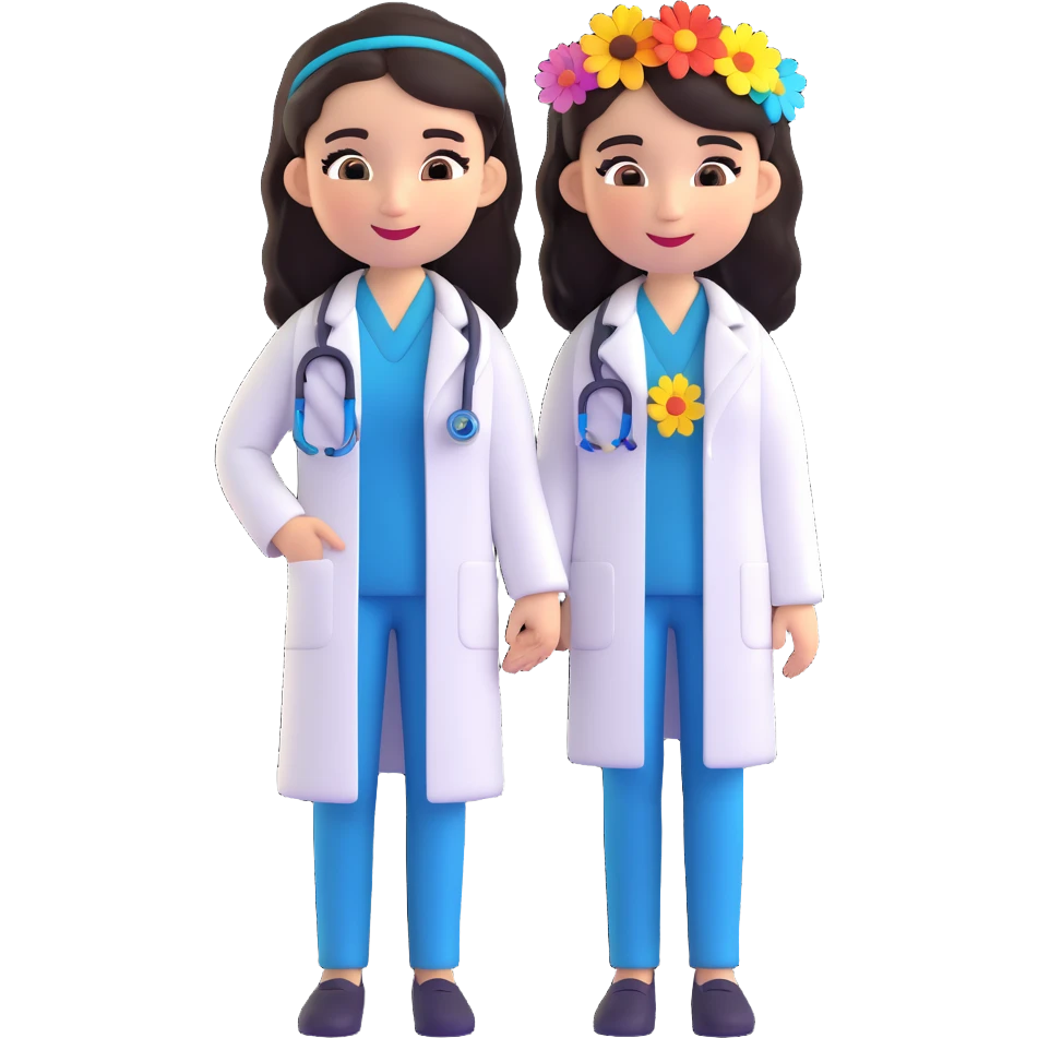 cute Mexican doctor girl, long dark hair, wearing doctor's coat, flower in hair, cheerful approachable, 3D cartoon style emoji