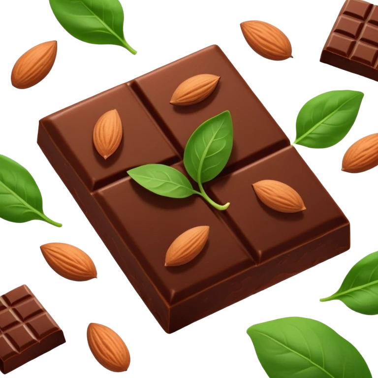 Relaxed body silhouette surrounded by floating food: several large, shiny dark chocolate squares prominently featured, along with spinach leaves, almonds, and seeds. Gentle light connecting these foods to muscles and nervous system, creating a calming effect throughout the body. emoji