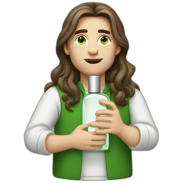 white skin men with long brunette hair and green eyes with a perfum bottle emoji