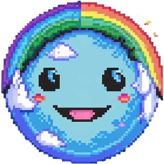 rainbow planet with colorful pixelated clouds and a happy winking face emoji