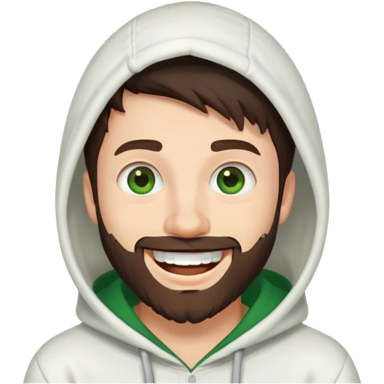 laughing guy with white hoodie, green eyes, dark brown hair and a short full beard emoji