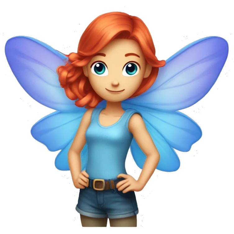 bloom winx fairy with red hair and blue eyes and in blue shirt with wings  emoji