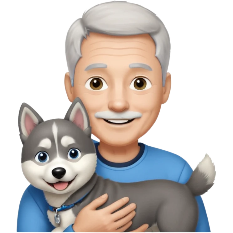 A smiling 60 year old man with blue eyes and short light gray hair and no facial hair, holding a single black and white husky dog with floppy ears and white tuft eyebrows  emoji