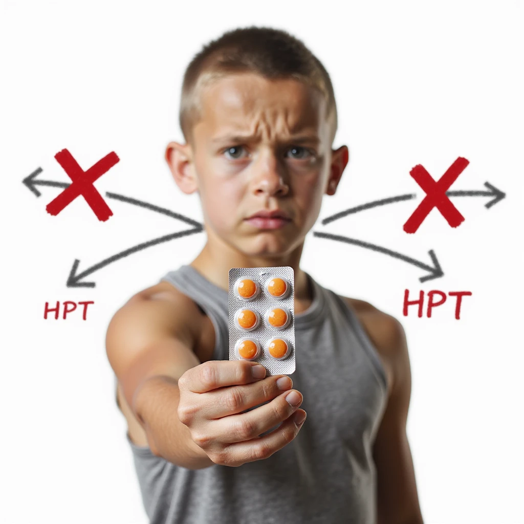 young athlete holding blister pack of oral steroids, stylized HPT axis diagram with red X behind, worried expression, isolated on white background emoji