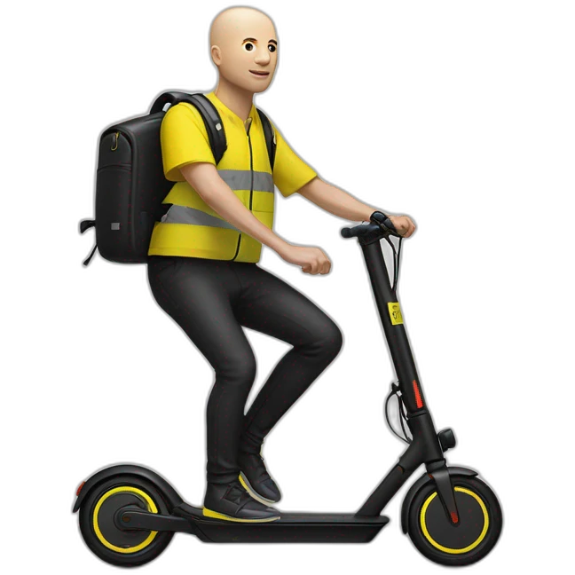 bald man, with a yellow cycling helmet, on a xiaomi e-scooter painted in black, whearing a yellow safety vest emoji