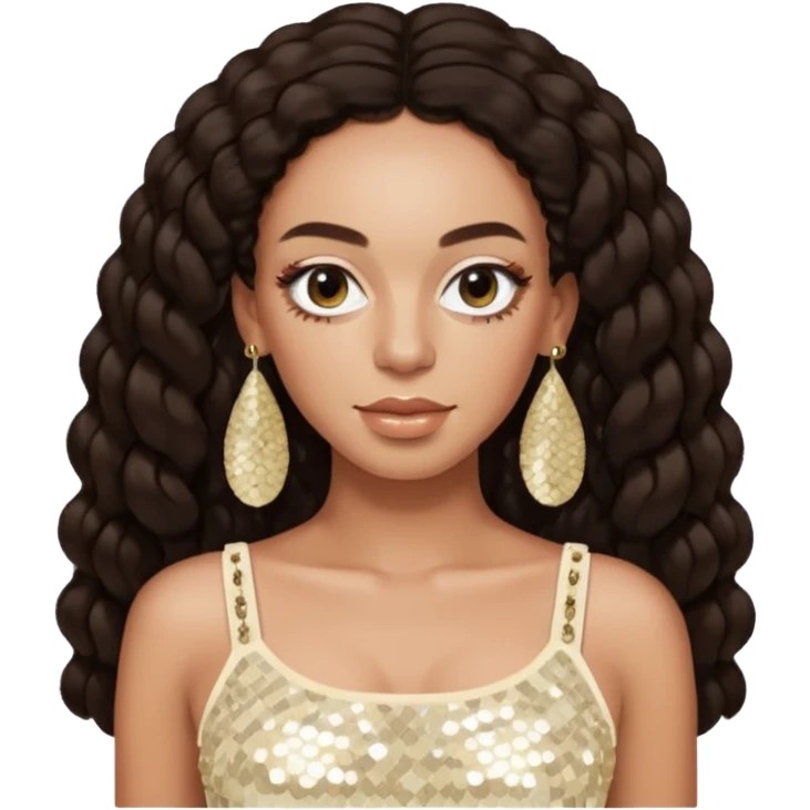 Solange with long dark brown hair, ivory sequin crop top, ivory earring emoji