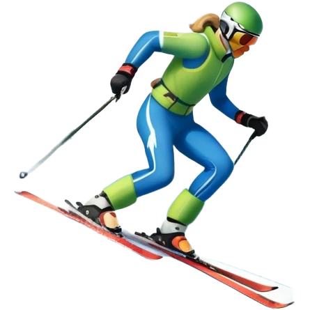 An icon featuring snowy peaks, pine trees, and a picturesque mountain landscape with a skier racing down a snow-covered slope. The sky is blue with soft clouds, capturing the thrill and beauty of alpine skiing. Transparent background highlights the excitement and serenity of winter sports. emoji