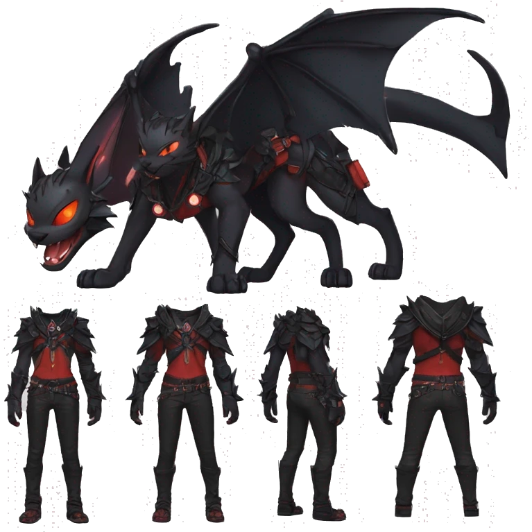 Anthro cool edgy black punk red ethereal fantasy nargacuga-bat-cat-Fakemon collar harness full body emoji