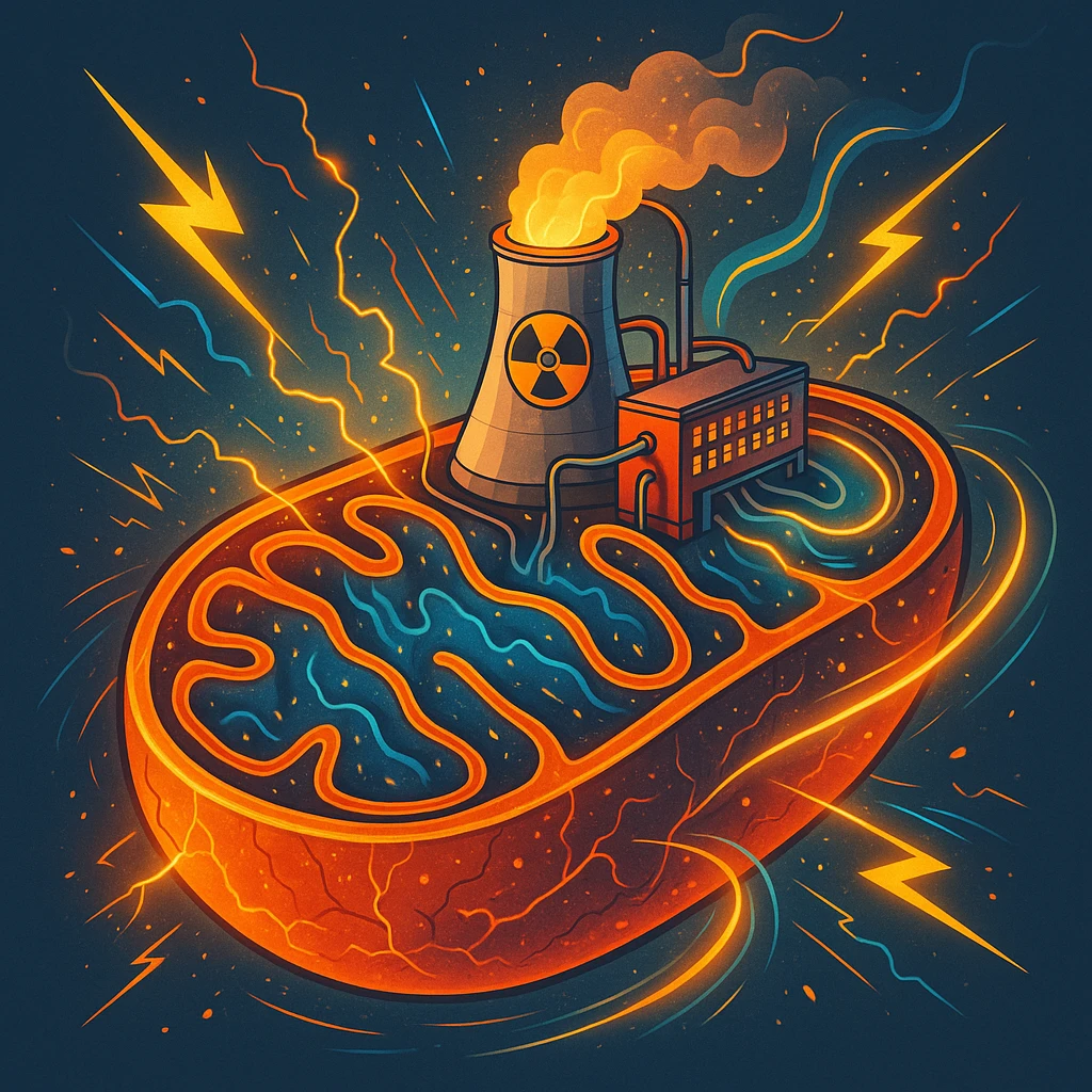 creative illustration of mitochondria-nuclear power plant, energetic details like sparks and light flows, modern detailed style inspired by DALL·E 3, bright colors, clear background emoji