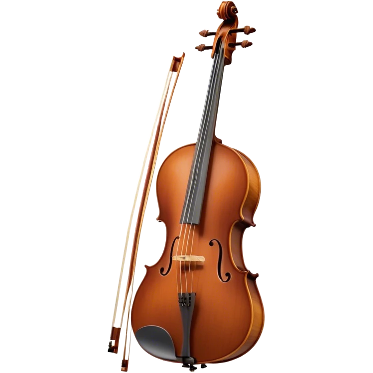 Create an elegant and refined emoji representing a Cremona 4/3F 4/4 cello with bow. The design should feature the distinctive, finely crafted body of the cello, highlighting its rich wooden finish and gracefully curved shape. The bow should be included, with visible horsehair and a polished wooden stick. Add subtle details like tuning pegs and strings to emphasize the precision and craftsmanship of the instrument. Use warm wood tones, deep brown, and soft metallic accents to reflect the high quality of the Cremona cello. The background should be transparent. emoji