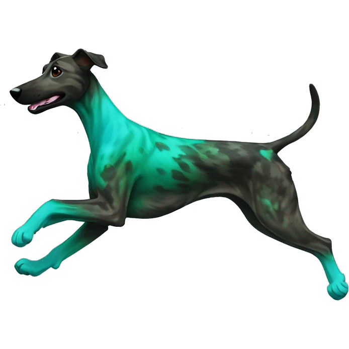Brindle dog black face lurcher running cyan green blue lighting emoji