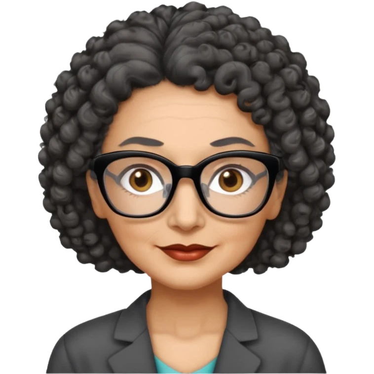 femme 60 ans cheveux gris foncé très bouclé attaché et yeux marrons foncé,  lunettes rectangle noir emoji
