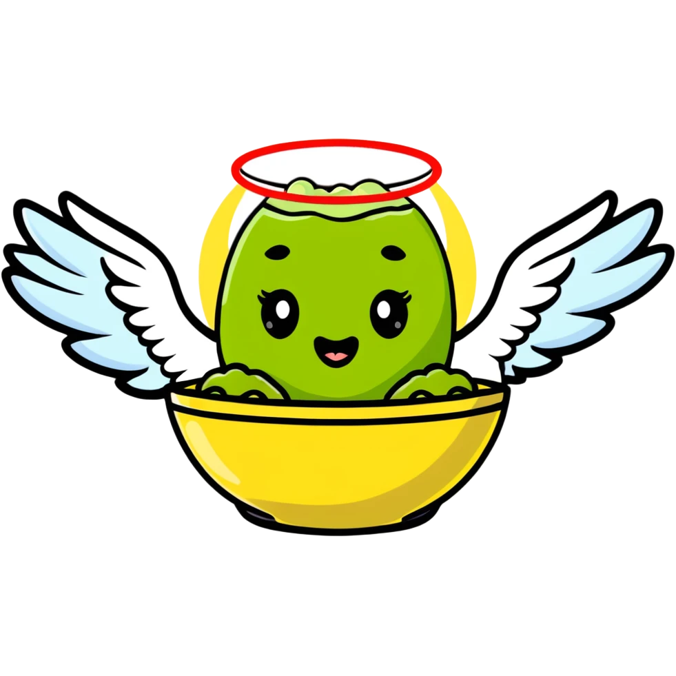 cute guacamole bowl with angel wings and a halo emoji
