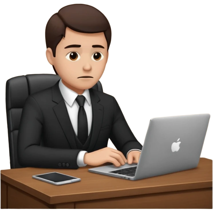 A man in corporate attire sitting at a desk, having fatigue while working on a laptop emoji