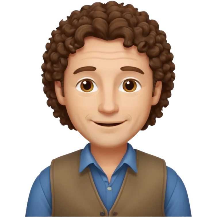 middle aged man, curly brown hair, wearing a vest, gentle smile emoji