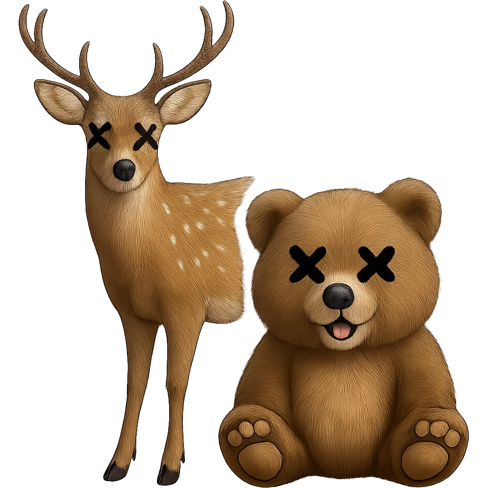Add cartoon X's to the eyes, matching the style and position of the X's on the deer. Make sure all X's are identical and keep the background transparent. Do not change anything else. emoji
