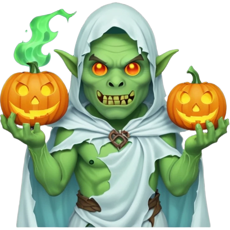 male orc ghost emoji, green skin, tusks, wearing torn white ghost sheet costume, holding glowing jack-o'-lantern, faint blue aura, friendly but spooky expression, Halloween fantasy theme, Apple emoji style, clean white background, square emoji