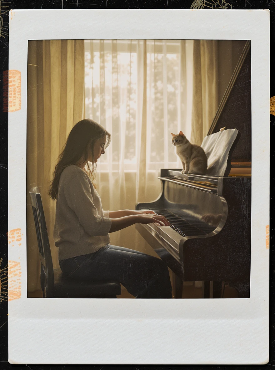 woman playing piano while her cat sits on top of the piano emoji