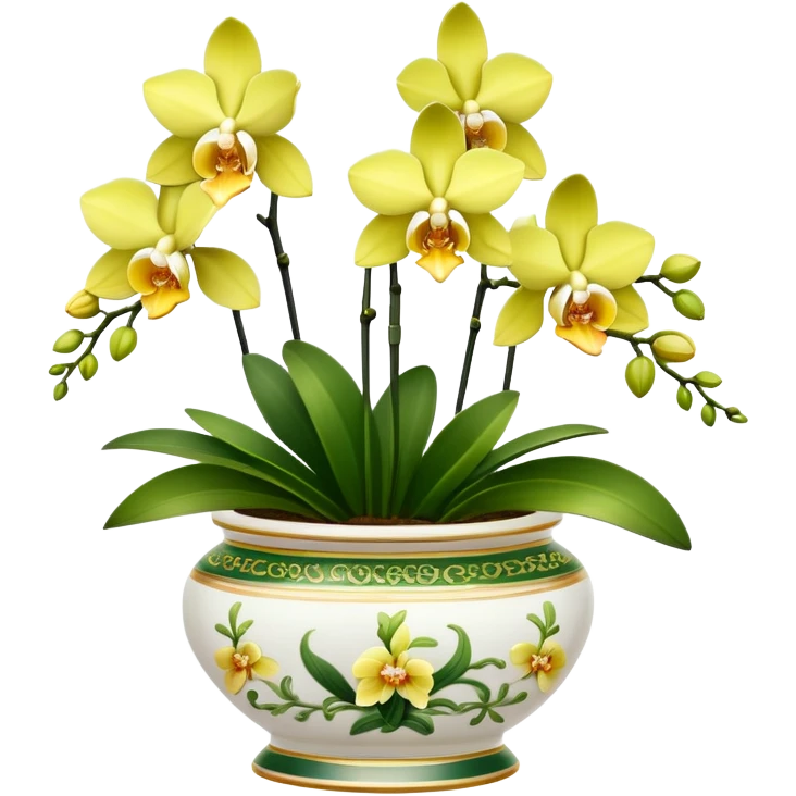Yellow and green orchids in an elegant porcelain pot  emoji