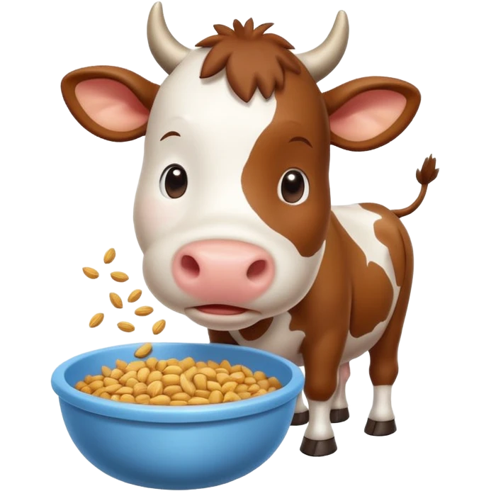 cute cow eating animal feed, hay and grains in a feeding bowl, 3D cartoon, mobile game icon style, clean background, no text, no watermark
 emoji