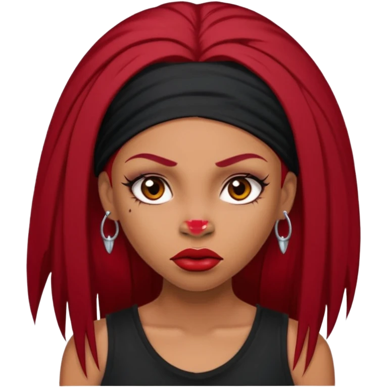 light-skinned black girl with very long eyelashes with long strait dark red hair with edges wearing a black top with no sleeves. and a red accessory on her head with nose and mouth piercings and is a baddie and looks like a bad girl. emoji