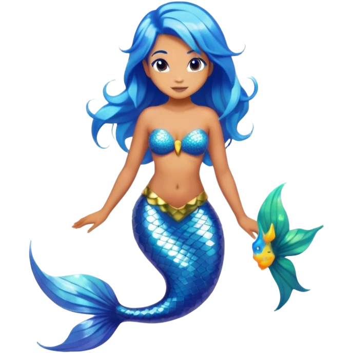 Cinematic Realistic Blue Hair Mermaid Portrait, depicted with lifelike, sun-kissed tanned skin that exudes a warm, radiant glow under gentle underwater lighting. Her intricately detailed, flowing blue hair cascades like a waterfall of ocean hues, framing deep, mesmerizing eyes that capture the vibrant spirit of the sea. Adorned with a shimmering tail and delicate tropical accents, the portrait features an enchanting underwater glow that blends realism with mythic coastal allure. emoji