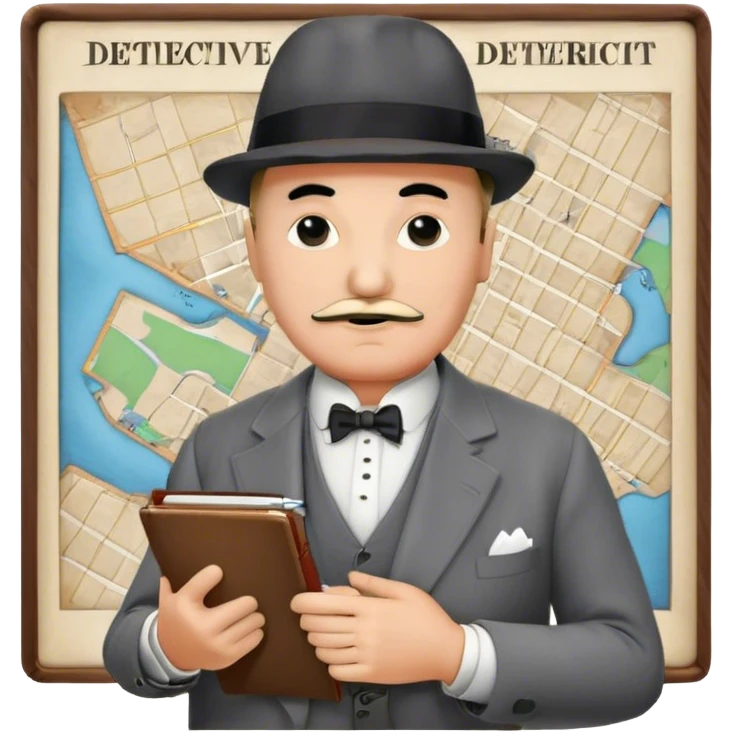 A cinematic-style frame showing Hercule Poirot in his iconic suit with a notebook in a dramatic detective pose. Background should be mysterious city, map, a board with photos of suspects, clues like fingerprints. Transparent background. emoji