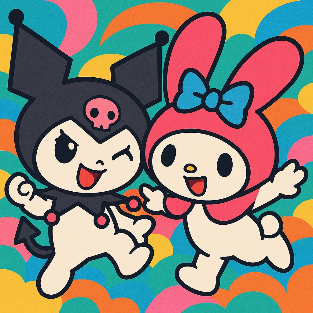 Kuromi and My Melody together, anime style, vibrant colors, expressive faces, dynamic pose emoji