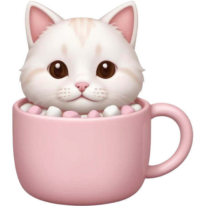 cute white cat relaxing in a pastel pink mug of cocoa with marshmallows, soft lighting, rounded shapes emoji