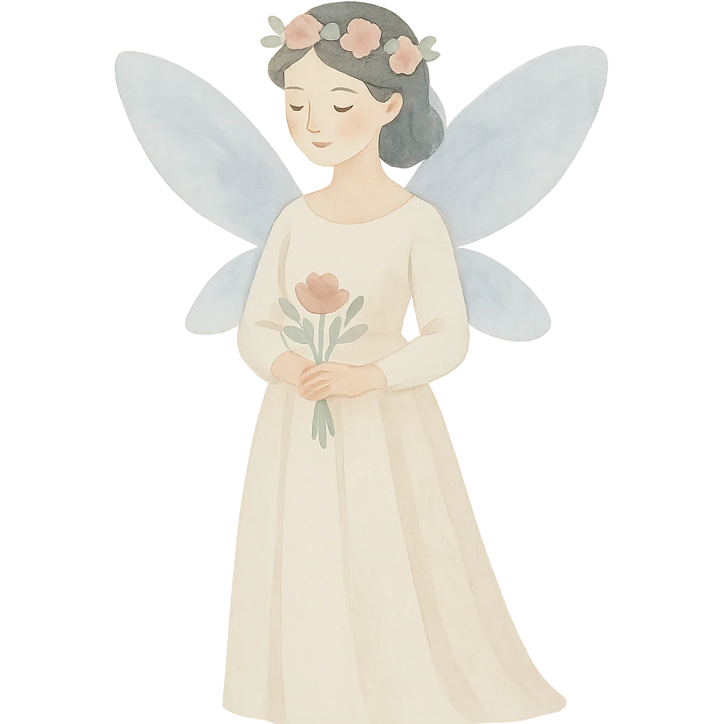 watercolor art illustration of a gentle fairy bride with delicate wings, calm pastel colors, white background, designed for sticker printing emoji