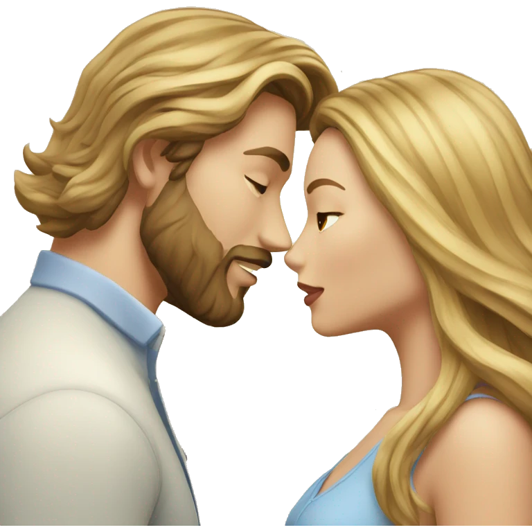 Woman-with-long-brown-waved-hair-and- blonde hair man with beard kissing  emoji