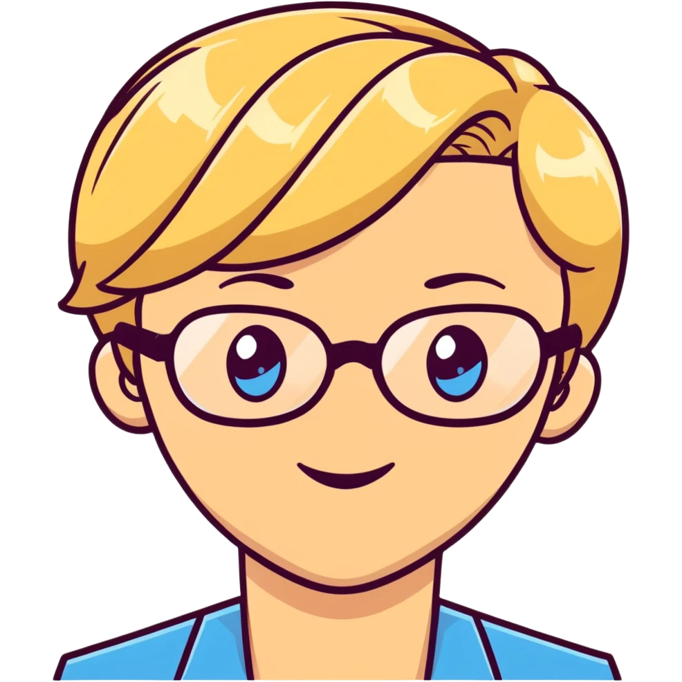 blonde teacher with pixie haircut, gold glasses, blue eyes, big eyelashes, nice smile emoji