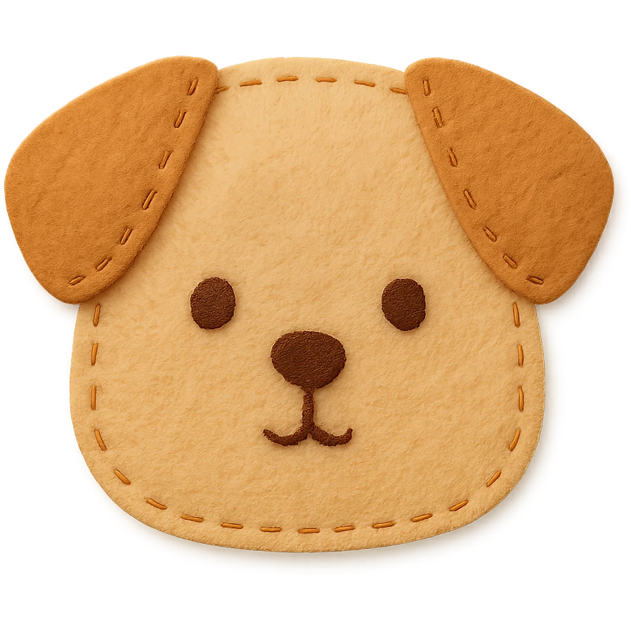 <StylePrompt>
  <Name>Minimal Felt Appliqué Icon</Name>
  <Description>
    A simplified plush icon style with soft felt textures, minimal facial features, and gentle stitching. Focuses on iconic shapes with low visual complexity for maximum clarity at small sizes.
  </Description>
  <VisualProperties>
    <Material>Felt</Material>
    <Texture>Soft, matte surface with faint fiber detail</Texture>
    <Stitching>
      <Type>Thin thread</Type>
      <Color>Muted orange or brown</Color>
      <Pattern>Sparse edge stitching only</Pattern>
    </Stitching>
    <Padding>Low to moderate—slightly puffy but not high-relief</Padding>
    <Edges>Smooth, rounded</Edges>
    <ColorPalette>
      <Primary>Warm yellows, oranges, and browns</Primary>
      <Accent>Minimal dark brown for eyes and nose</Accent>
      <Background>Plain or soft gradient, off-white preferred</Background>
    </ColorPalette>
  </VisualProperties>
  <FacialFeatures>
    <Eyes>Small circles, dark brown</Eyes>
    <Nose>Simple dot or triangle</Nose>
    <Mouth>Omit or use curved line only</Mouth>
    <DetailLevel>Low</DetailLevel>
  </FacialFeatures>
  <Rendering>
    <Lighting>Flat and soft, minimal shadows</Lighting>
    <Perspective>Side or front profile, no complex angles</Perspective>
  </Rendering>
  <Applicability>
    <SubjectType>Animals, objects, icons</SubjectType>
    <OutputFormat>Flat icon or patch-style asset</OutputFormat>
  </Applicability>
</StylePrompt>


{subject} = dog emoji