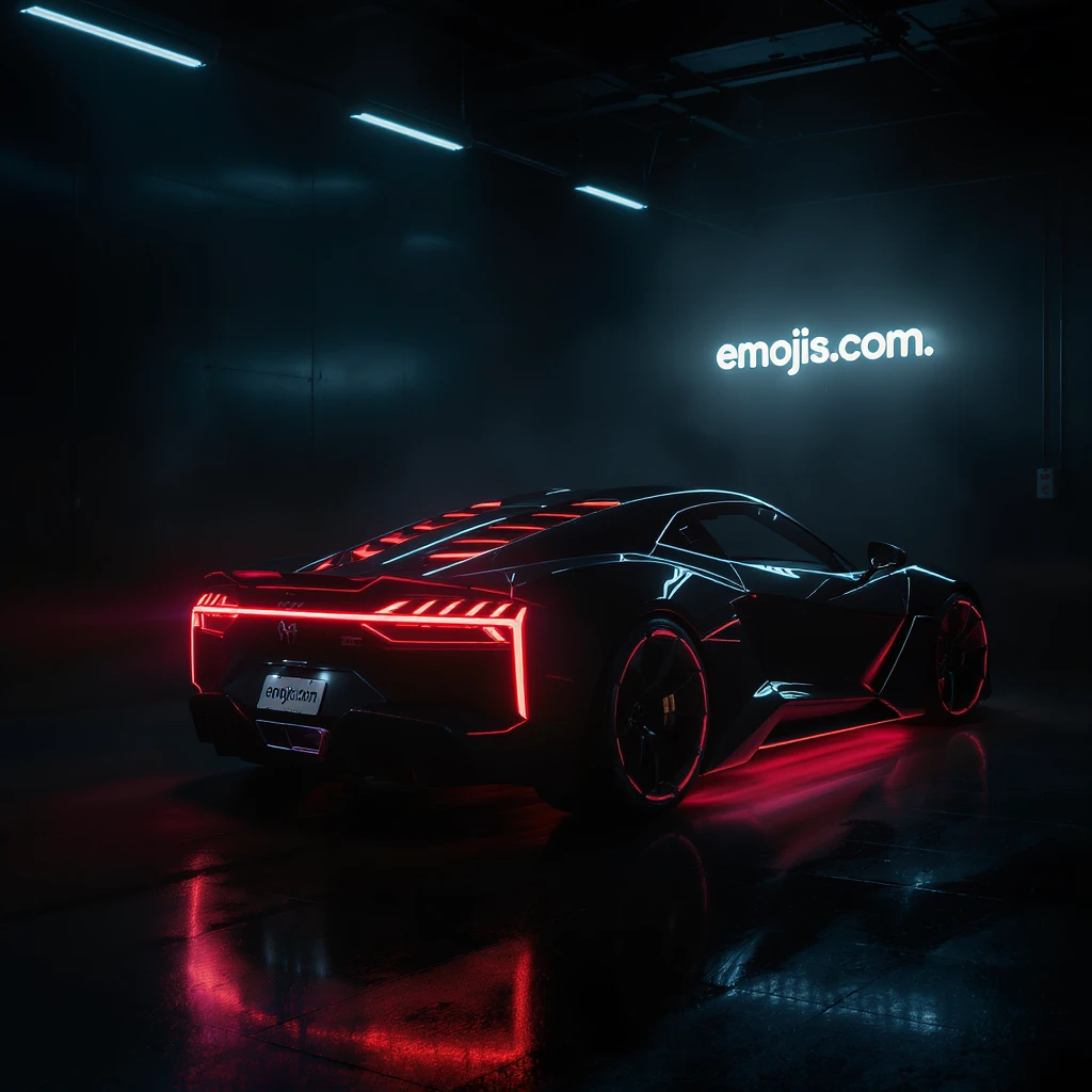 Cinematic still of a futuristic car parked in dark garage with led behind saying "emojis.com", room fill with haze, very detailed and futuristic ,inspired by cyberpunk 2077 emoji