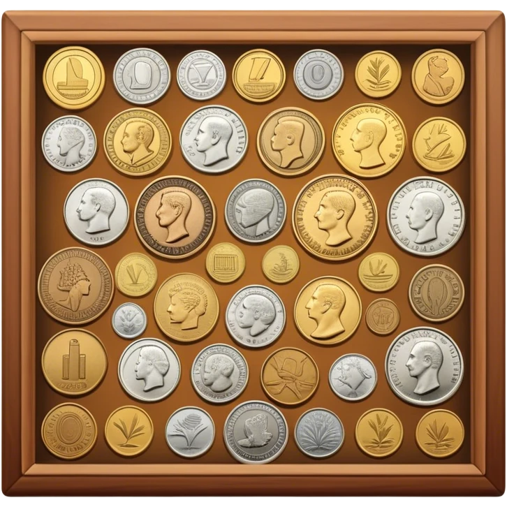 Icon for Coin Collecting: a collection of different vintage and modern coins of various forms and size, neatly arranged in a display case or on a table. The icon should highlight the diversity and historical value of coin collecting. Transparent background. emoji