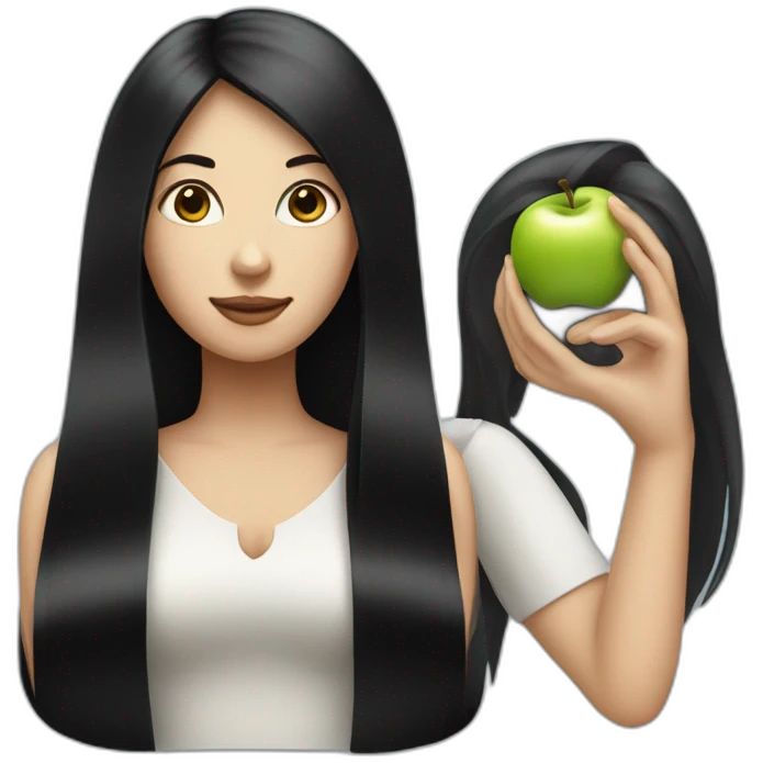 two women with straight long black hair and fair skin and an apple symbol emoji