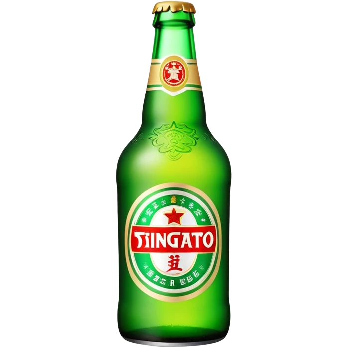 Tsingtao beer bottle, green bottle with iconic label, Chinese beer brand, foam, emoji style emoji