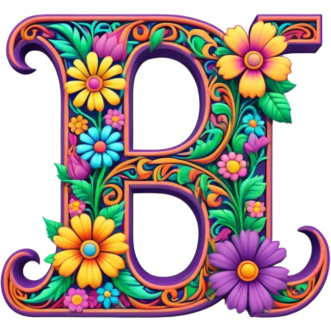 3D, gothic style psychedelic colored capital Letter “J” with hippie style flower border emoji