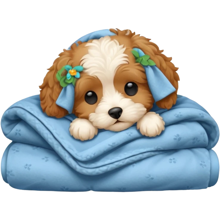 Cavapoo puppy sleeping with a blanket emoji